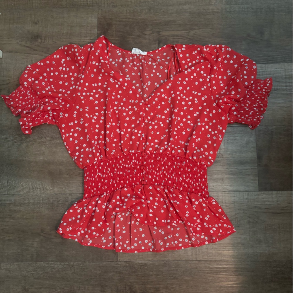 Sienna Sky Red and White Puff Sleeve Smocked Blouse